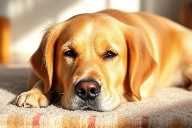 Content senior dog resting peacefully on a sunlit rug.
