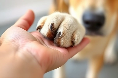 Close-up of owner's hand gently touching senior dog's paw.