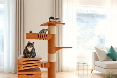Modern wooden cat tree in a bright, stylish living room.