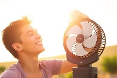 Person using a large capacity portable fan outdoors