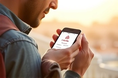 Traveler checking Airbnb booking for safety and tips.