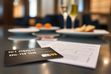 Credit card and boarding pass in airport lounge.