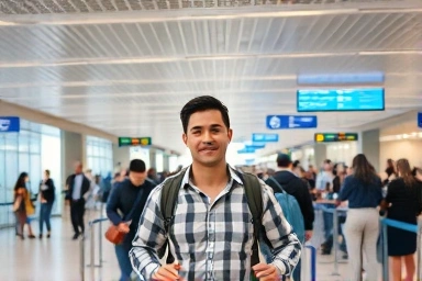 Traveler quickly passes through airport immigration, bypassing long lines.