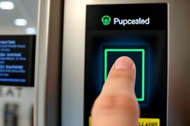 Biometric fingerprint scan at automated airport immigration gate.