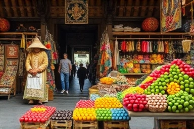 Vibrant Ubud market scene with local produce and crafts