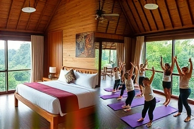 Cozy hotel room and energetic yoga class in Ubud, Bali.
