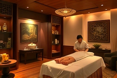 Serene Bangkok Thai massage studio with traditional decor.