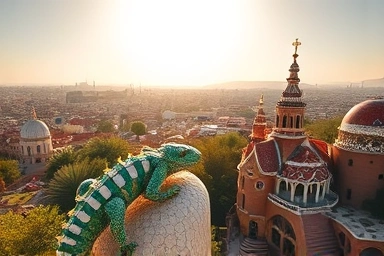 Aerial view of Park Güell, Barcelona, showcasing Gaudí's mosaic art.