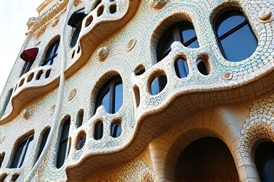 Close-up of Casa Batlló facade, highlighting Gaudí's colorful mosaic and organic architecture.