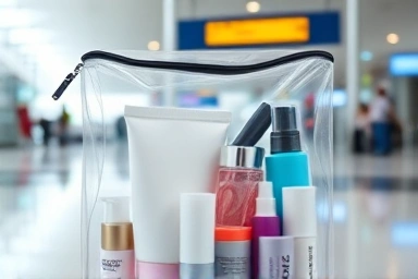 Transparent bag with travel toiletries for airport security.