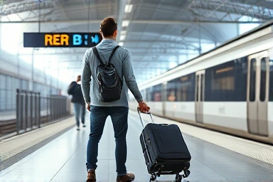 Traveler at airport train station, RER B platform