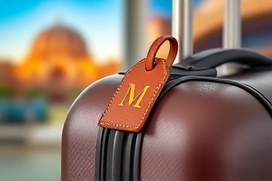 Stylish suitcase with personalized leather nametag