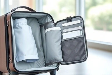 Organized travel bag with hanging toiletry pouch compartments