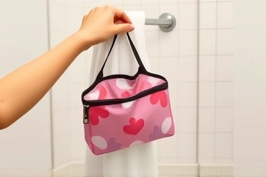 Hanging toiletry pouch on hotel bathroom towel rack