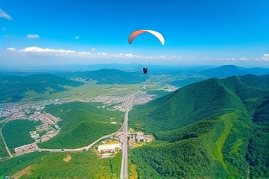 Aerial view of Danyang mountains with a soaring paraglider