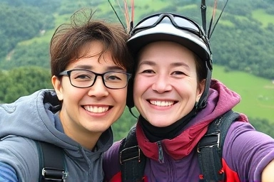 Happy couple preparing for paragliding adventure in Danyang