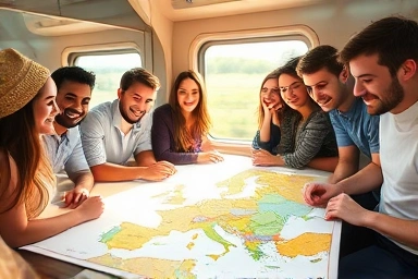 Young travelers planning European train adventure with map.