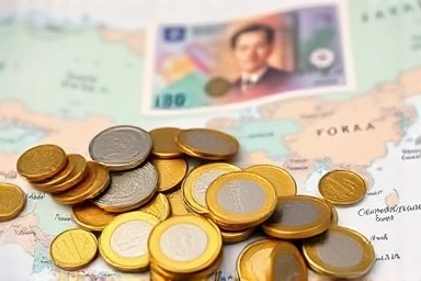 Euro coins on a world map, symbolizing travel and currency exchange.