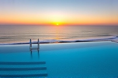 Serene infinity pool overlooking ocean at sunset.