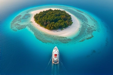 Beautiful island scenery with a tourist ferry approaching.