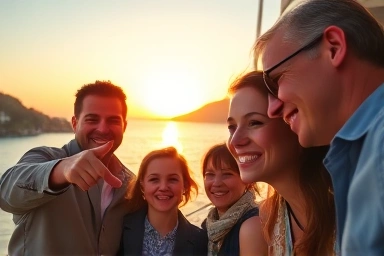 Family enjoying a scenic ferry ride during sunset.