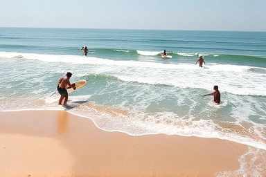Goseong beach with surfers enjoying gentle waves