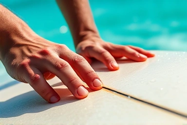 Surfer's hands gripping a surfboard on the ocean