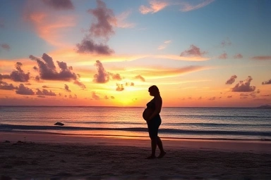 Pregnant couple enjoying a Guam babymoon at sunset beach.