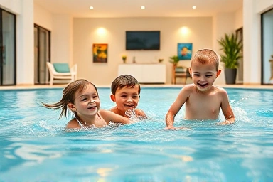 Family enjoying safe and fun kids' pool villa in Gyeongju.