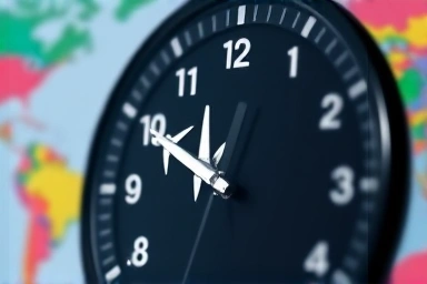 Concept of optimal travel booking time with clock and airplane elements.