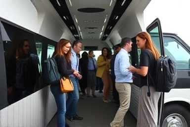 Travelers boarding airport limousine bus with luggage