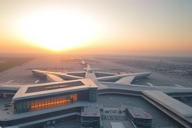 Aerial view of Incheon International Airport terminals at dawn