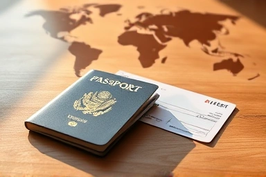 Travel essentials: passport, driver's license, plane ticket, world map.