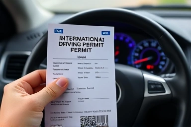 Holding international driving permit with rental car dashboard.