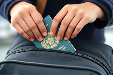 Hands packing international driving permit and passport for travel