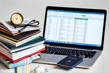 Travel essentials organized with a laptop checklist.