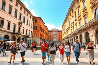 Tourists exploring a beautiful Italian piazza.