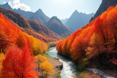 Juwanngsan National Park autumn foliage, rock formations, clear stream