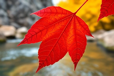 Close-up red maple leaf falling into clear stream, autumn park
