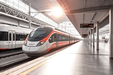 Leonardo Express train arriving at Rome Fiumicino Airport station.
