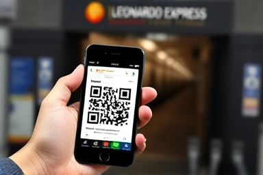 Smartphone displaying Leonardo Express ticket QR code.