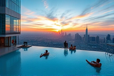 Luxury infinity pool overlooking city skyline at sunset