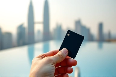 Hand holding room key card at luxury hotel infinity pool