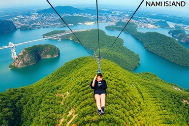 Nami Island zipline aerial view, scenic nature landscape.
