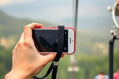 Smartphone with strap for zipline photography, capturing memories.