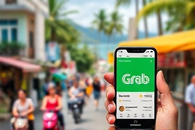 Nha Trang street with Grab app showing discount