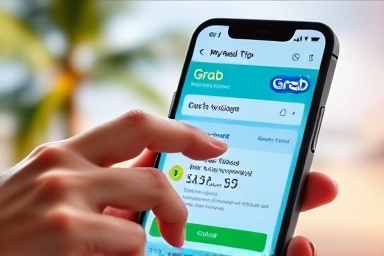 Smartphone showing travel app with Grab discount offer