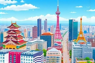 Vibrant Osaka cityscape with landmarks and travel routes.