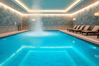 Luxurious spa interior with clear water and steam.