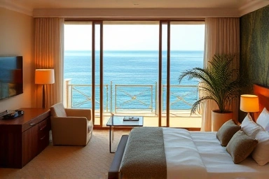 Stylish hotel room with ocean view and private terrace.